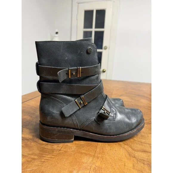 Bussola Prague Women’s 40 Black Ebony Leather Buckle Moto Ankle Boots Steampunk - Picture 5 of 13